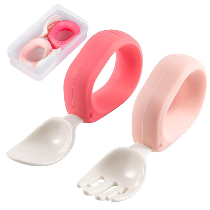 Baby Self Feeding Training Spoon and Fork Set with Travel Case, BPA-Free Cute Circle Toddler Training Utensils, Silicone/ABS Great Tableware Set Spoons Fork for Kids (Pink& Light Pink)-CubbioJoy