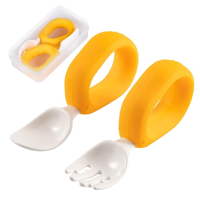 Baby Self Feeding Training Spoon and Fork Set with Travel Case, BPA-Free Cute Circle Toddler Training Utensils, Silicone/ABS Great Tableware Set Spoons Fork for Kids(Yellow)-CubbioJoy