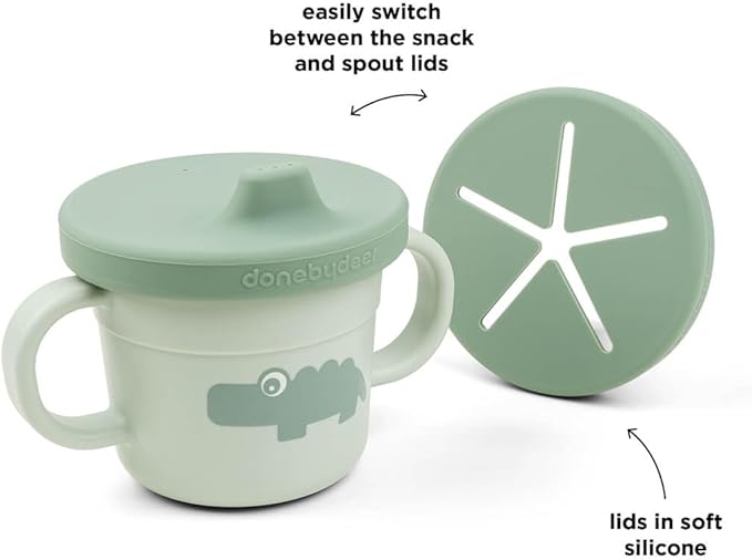 Done by Deer Foodie Spout & Snack Cup Croco Green – Spill-Proof Toddler Cup with Soft Silicone Lid – Durable, Easy to Clean, and Perfect for 6-Month-Olds-CubbioJoy