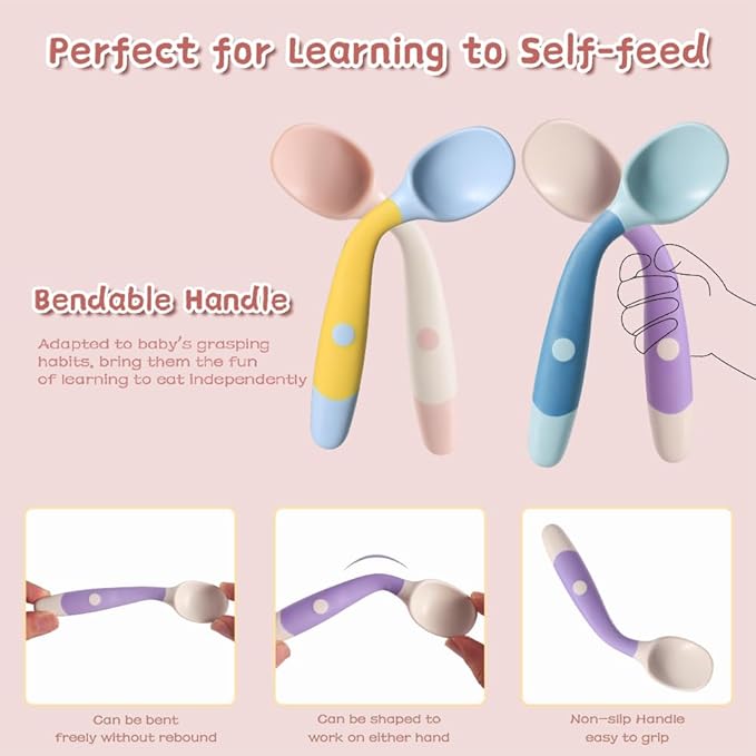 Baby Utensils Spoons and Forks Set Bendable Self-Feeding Silverware for Toddler Children with Travel Case Gum Friendly Food Grade (4 Set)-CubbioJoy