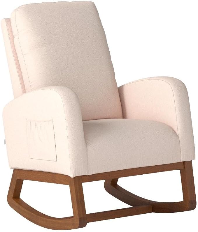 Dolonm Rocking Chair Mid-Century Modern Nursery Rocking Armchair Upholstered Tall Back Accent Glider Rocker for Living Room (Beige)-CubbioJoy