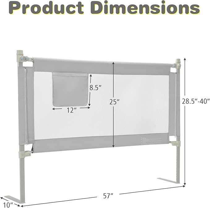 BABY JOY Bed Rail for Toddlers, 57’’ Extra Long, Height Adjustable, Foldable Baby Bed Rail Guard w/Storage Pocket & Double Safety Child Lock for Kids Twin Full Size Queen King Mattress (Gray, 57'')-CubbioJoy
