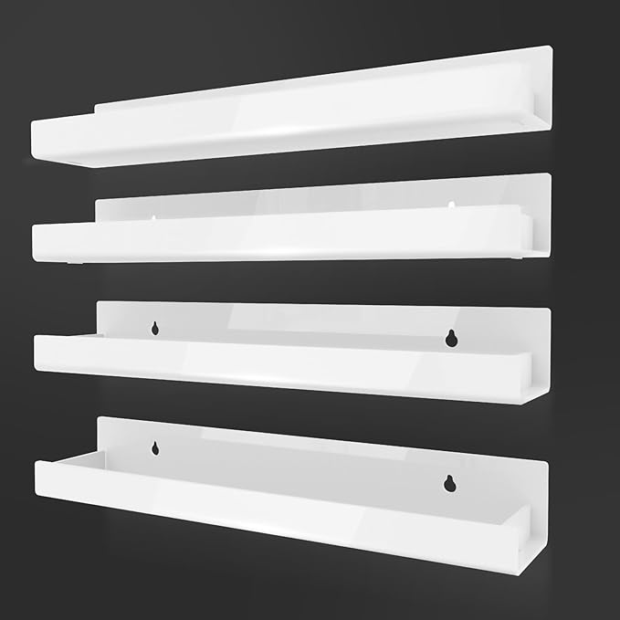 4 Pack 15 Inch Whtie Acrylic Shelves, Kids Floating Bookshelf for Kids Room, Modern Nail Polish Rack Sunglasses Essential Oil Picture Ledge Display Toy Storage Wall Shelf-CubbioJoy