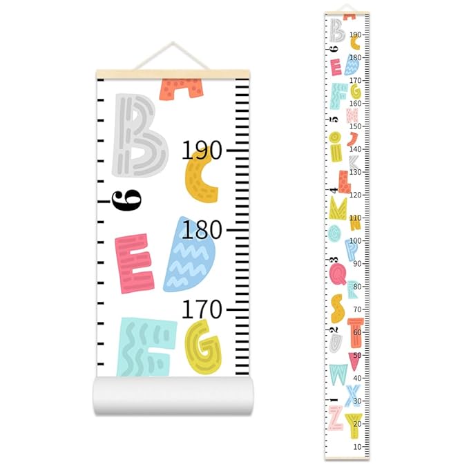 Colorful Alphabet Growth Chart for Kids Baby Height Chart Ruler Removable Canvas Wooden Frame Hanging Wall Rulers Measurement Charts for Toddler Room Nursery Decor - 79"X7.9" with Beige Wood-CubbioJoy