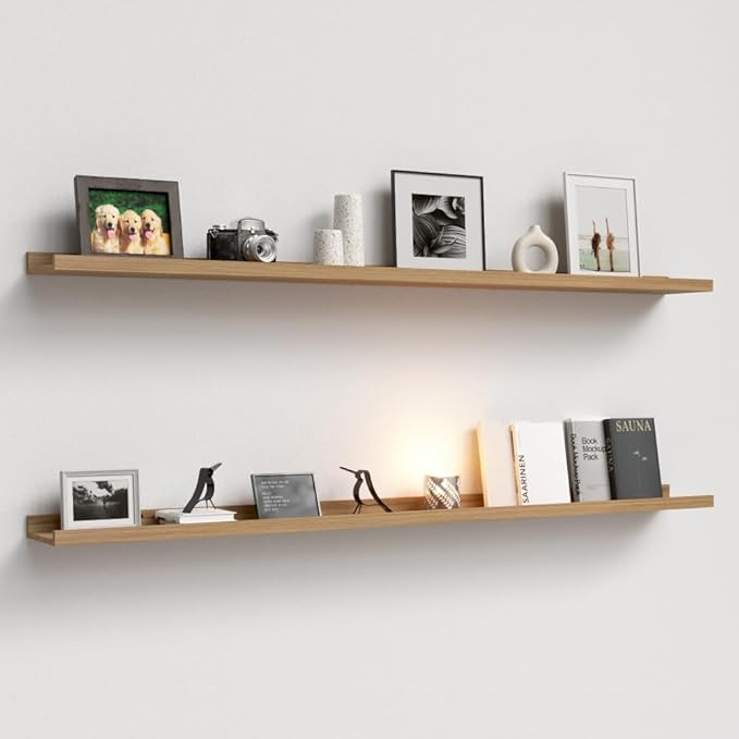 55.1 Inches Long Floating Shelves, 2 Set Rustic Wall Shelf for Bedroom, Nursery Book Shelf with Lip, Picture Ledge Shelf for Living Room, Bathroom, Kitchen - Oak-CubbioJoy