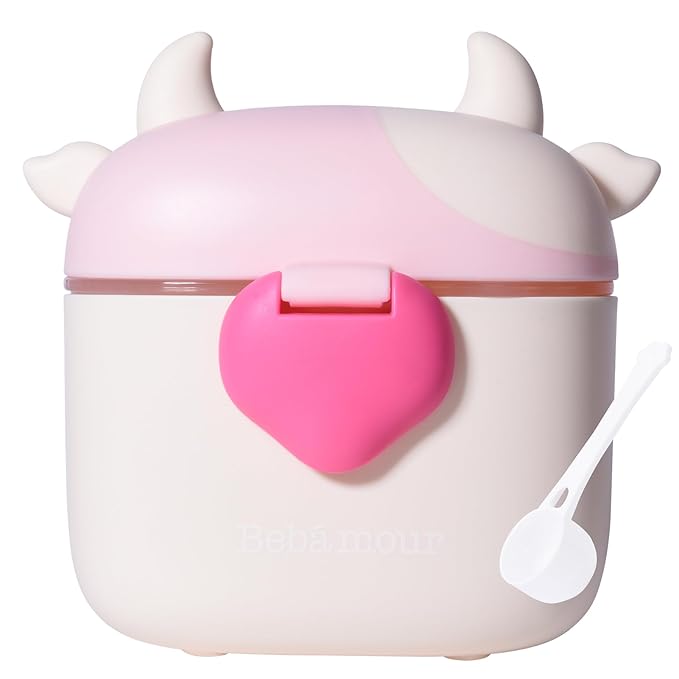 Bebamour Baby Formula Dispenser On The Go, Formula Container to Go, Formula Holder for Travel, Candy Fruit Snack Storage Container with Scoop and Leveller (Light Pink Cow)-CubbioJoy