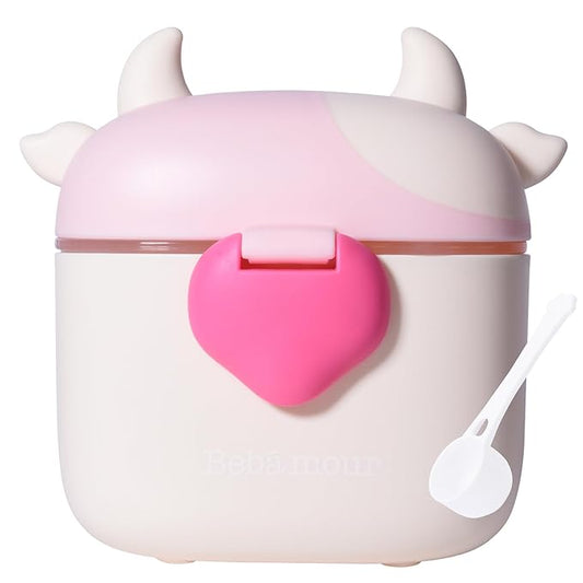 Bebamour Baby Formula Dispenser On The Go, Formula Container to Go, Formula Holder for Travel, Candy Fruit Snack Storage Container with Scoop and Leveller (Light Pink Cow)-CubbioJoy