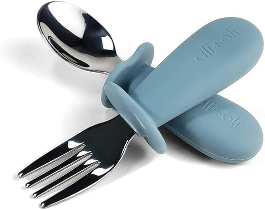 Ali+Oli Spoon & Fork Learning Set for Toddlers (Powder Blue) 6m+ Grab Easy BPA Free Food-Grade Silicone Handle, Kids Silverware Self Feeding Baby Utensil, Multi-stage Baby Feeding Set Ergonomic Design-CubbioJoy