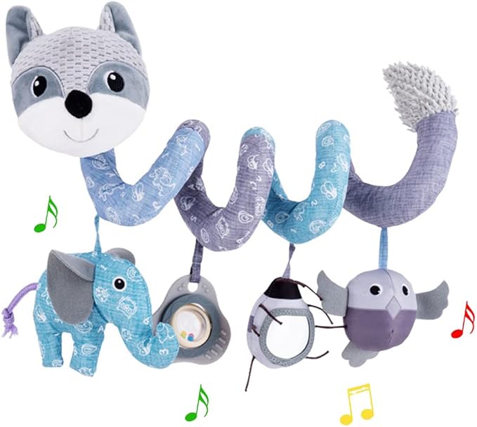Car Seat Toys, Baby Plush Spiral Hanging Toys for Stroller Crib Bar Bassinet Car Seat Mobile with Musical Owl BB Squeaker Elephant- Gray Fox-CubbioJoy