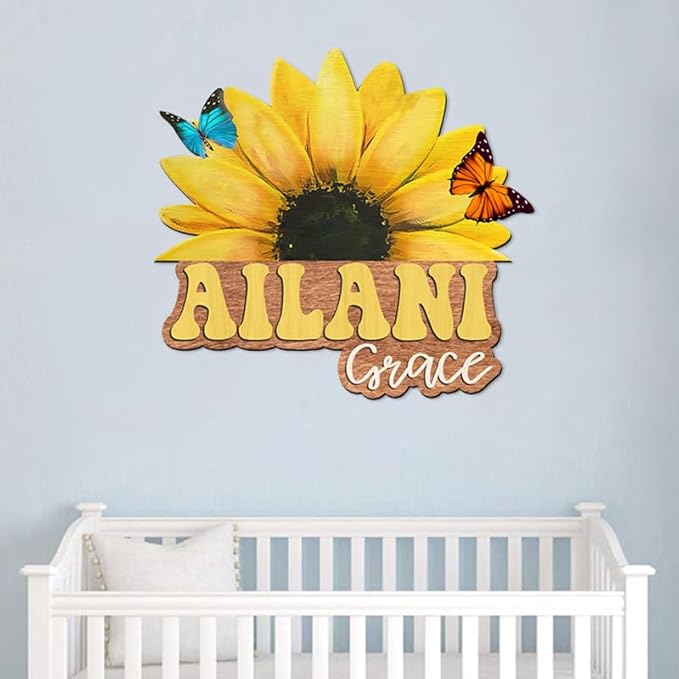 Custom Wooden Sunflower Nursery Name Sign for Girls, Boho Nursery Wood 2 Layer, Baby Name Sign, Baby Shower, Decor Floral, Flower gift/17-CubbioJoy