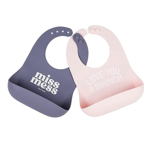 Baby Bib for Eating by Bella Tunno, Set of 2 Waterproof Silicone Bibs with Large Food Catcher, Adjustable Fit for Babies 4-12 months & Toddlers 1-3 Years, Boys & Girls, Miss Mess & Brunch-CubbioJoy