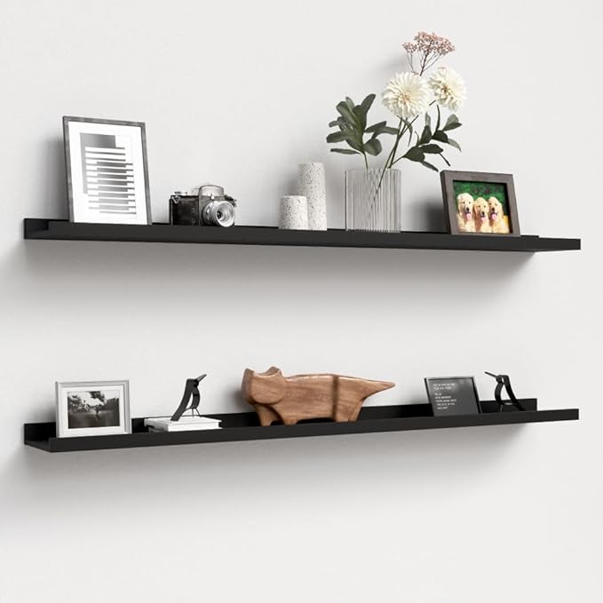 47.2 Inches Long Floating Shelves Wall Mounted, 2 Set Modern Wall Shelf for Bedroom, Nursery Book Shelf with Lip, Picture Ledge Shelf for Wall Decor Living Room Bathroom Kitchen - Black-CubbioJoy