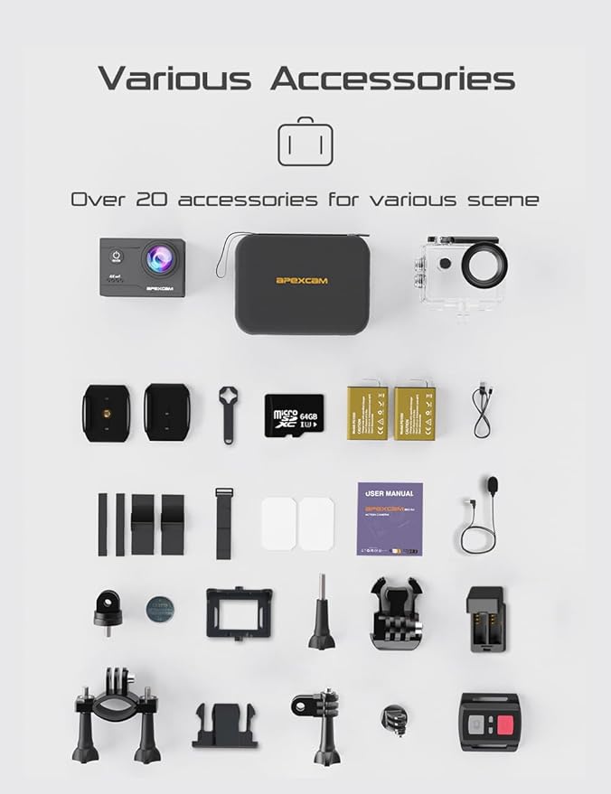 Apexcam Action Camera 4K with 64G SD Card Sport Cameras 20MP 131FT Waterproof Underwater Camera 170°Wide-Angle WiFi Camera with 2.4G Remote Control, 2 Batteries, Mounting Accessories Kits-CubbioJoy