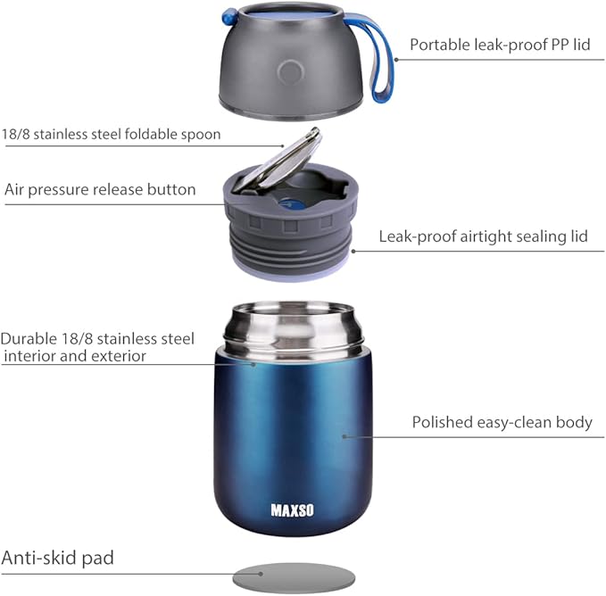 Insulated Thermo Food Jar for Hot & Cold Food for Kids Adult, 17 oz Soup Thermal Hot Food Containers for Lunch, Triple Layer Insulation Stainless Steel Food Jar with Spoon(Blue)-CubbioJoy