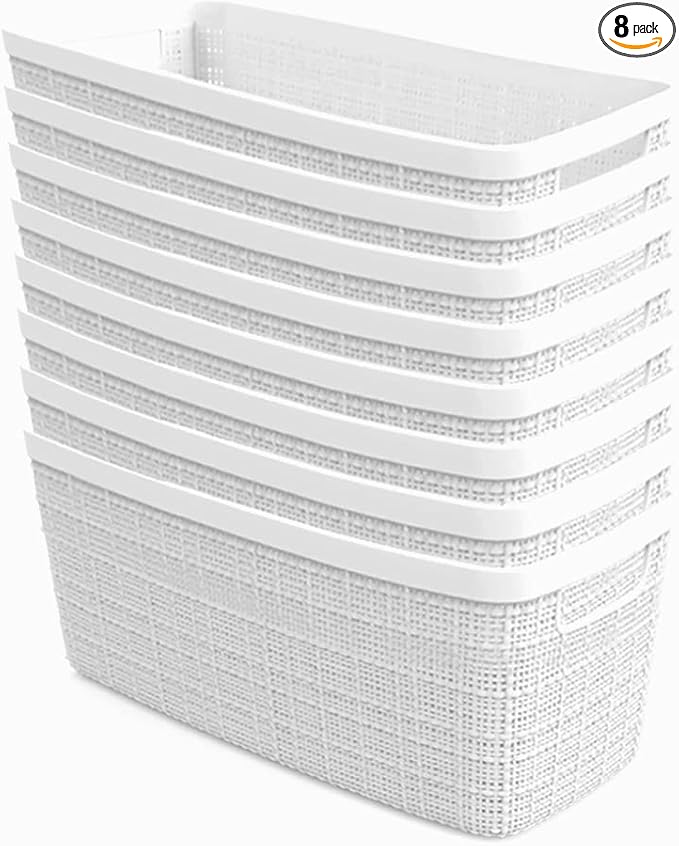 Curver Jute Decorative Plastic Organization and Storage Basket Perfect Bins for Home Office, Closet Shelves, Kitchen Pantry and All Bedroom Essentials, Slim, White, Set of 8-CubbioJoy