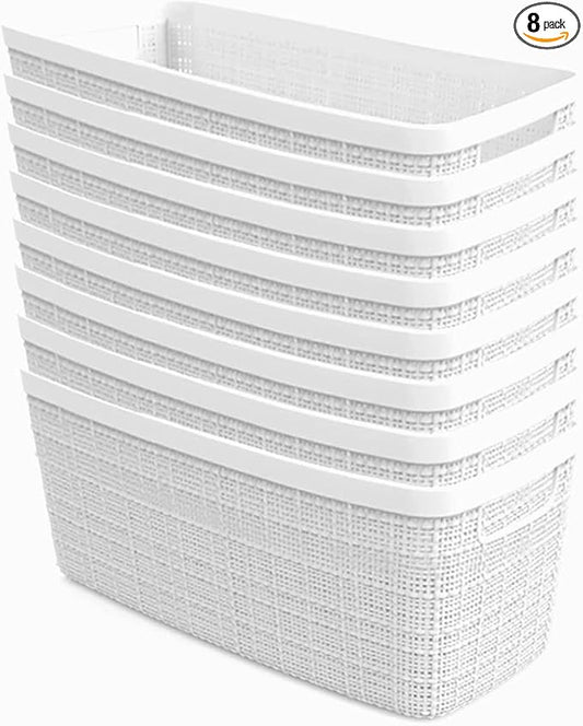 Curver Jute Decorative Plastic Organization and Storage Basket Perfect Bins for Home Office, Closet Shelves, Kitchen Pantry and All Bedroom Essentials, Slim, White, Set of 8-CubbioJoy