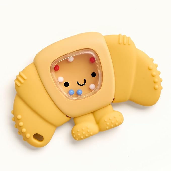 Itzy Ritzy Silicone Rattle Teether– BPA-Free Silicone Teether with Rattle for Babies & Toddlers – Features a Gentle Rattle Sound, Colorful Beads & Multiple Textures (Croissant)-CubbioJoy