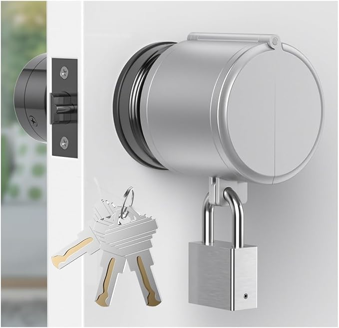 AST Door Knob Lockout Device with SS Padlock and Brass Keys, Childproof Door Knob, Security Lock for Toddler and Dementia Proof, Safety Cover, Doorknob Protection, Matte Silver with SS Padlock-CubbioJoy