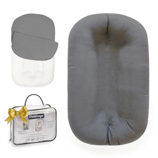 Baby Lounger - Snuggle Cozy Me Infant Lounger for Newborns | Breathable & Soft, Portable Awake-Time Pad, Essential Baby Gift- Grey (Lounger Cover Included)-CubbioJoy
