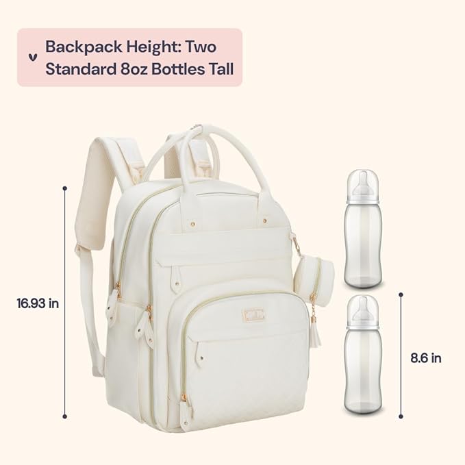 BabbleRoo Leather Diaper Bag Backpack - Baby Essentials Travel Baby Bag, Multi function, Waterproof, with Changing Pad, Stroller Straps & Pacifier Case – Unisex, Eggshell White-CubbioJoy