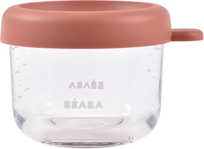Beaba 5 oz Glass Baby Food Jars with Soft Silicone Air Tight Lids, Glass Storage Containers with Lids, Microwave and Freezer Safe Containers, Terracotta-CubbioJoy