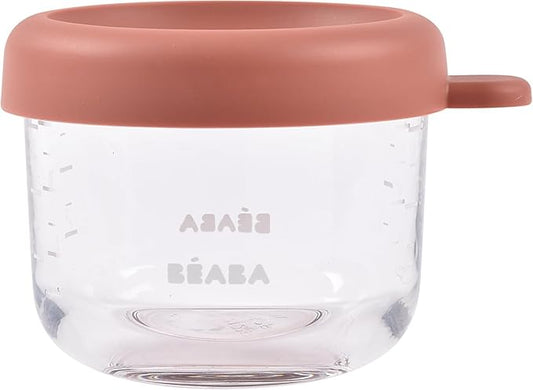 Beaba 5 oz Glass Baby Food Jars with Soft Silicone Air Tight Lids, Glass Storage Containers with Lids, Microwave and Freezer Safe Containers, Terracotta-CubbioJoy