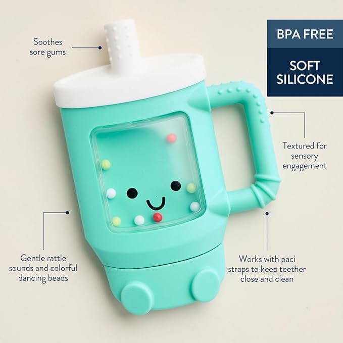 Itzy Ritzy Silicone Rattle Teether– BPA-Free Silicone Teether with Rattle for Babies & Toddlers – Features a Gentle Rattle Sound, Colorful Beads & Multiple Textures (Travel Cup)-CubbioJoy