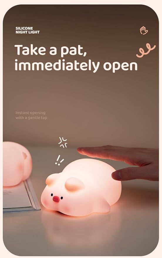 ATSUI Pig Night Light for Kids, Food Grade Silicone, Rechargeable, Tap Fun Kawaii Lamp for Kids Room, Adjustable Brightness, Cute Stuff for Boys Girls, Cute Gifts for Baby Children-CubbioJoy
