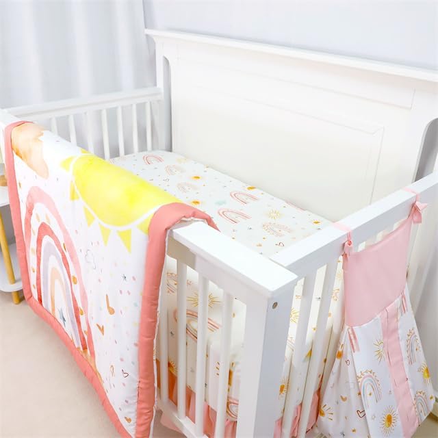4-Piece Crib Bedding Set for Girls, Includes Comforter, Fitted Crib Sheet, Crib Skirt, and Diaper Stacker, Pink Rainbow-CubbioJoy
