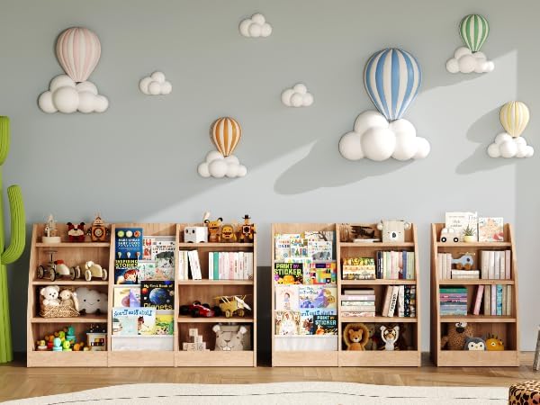 4 Tier Kids Bookshelf Set of 2,4 Layer Sling Kids Book Shelf for Kids Rooms,Wood Children Bookcase,Baby Storage Book Rack,Toddler Bookshelf, Book and Toy Organizer,Book Display Shelf for Nursery-CubbioJoy