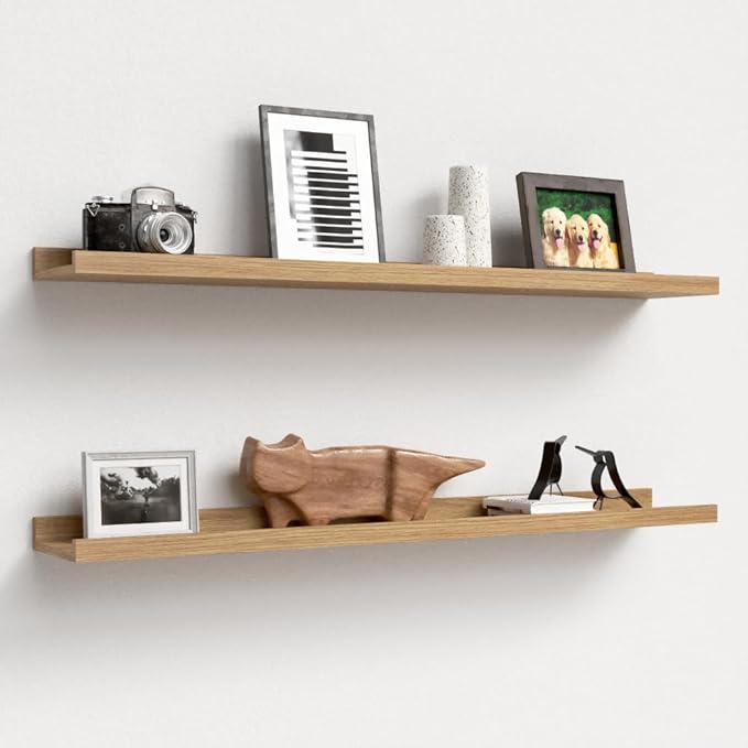 35.3 Inches Long Floating Shelves, 2 Set Rustic Wall Shelf for Bedroom, Nursery Book Shelf with Lip, Picture Ledge Shelf for Wall Decor Living Room Bathroom Kitchen - Oak-CubbioJoy