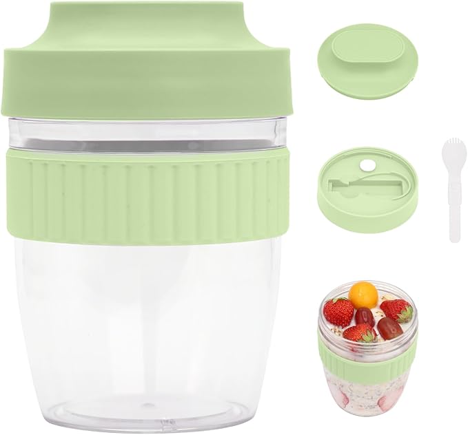 Breakfast On The Go Cups, Overnight Oats Containers With Lid And Folding Spoon, Take And Go Yogurt Cereal Snack Parfait Salad Containers For Lunch, Fruit & Vegetable Jar, 20 oz(Green)-CubbioJoy