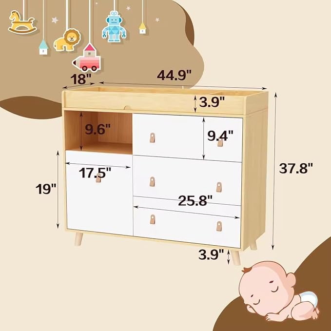 Baby Dresser Changing Table with Drawers,Shelf,Hidden Laundry Basket Storage,2 in 1 Nursery Dresser Chest for Infants, Baby Diaper Changing Station for Daycare,Bedroom,Natural-CubbioJoy