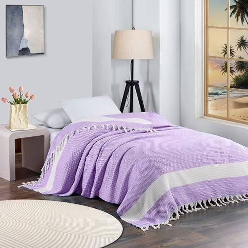 Breathable Bedspread Woven Blanket Cooling Queen Full Size Quilt Thin Comforter Boho Bed Bedroom Thing Girl Aesthetic Preppy Stuff Cute Accessories Girly Room Aesthetic College Student Decor Purple-CubbioJoy