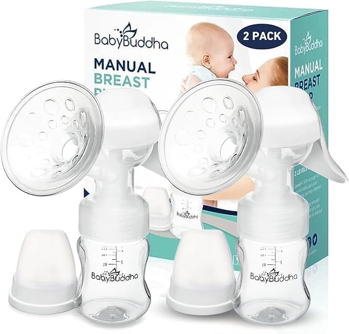 BabyBuddha Manual Breast Pump, Single Hand Expression Breastmilk Pump, Cordless and Portable, No Batteries or Power Needed, Soft Silicone Massage Cushion, BPA Free, Quiet, Dishwasher Safe, 2 Pack-CubbioJoy