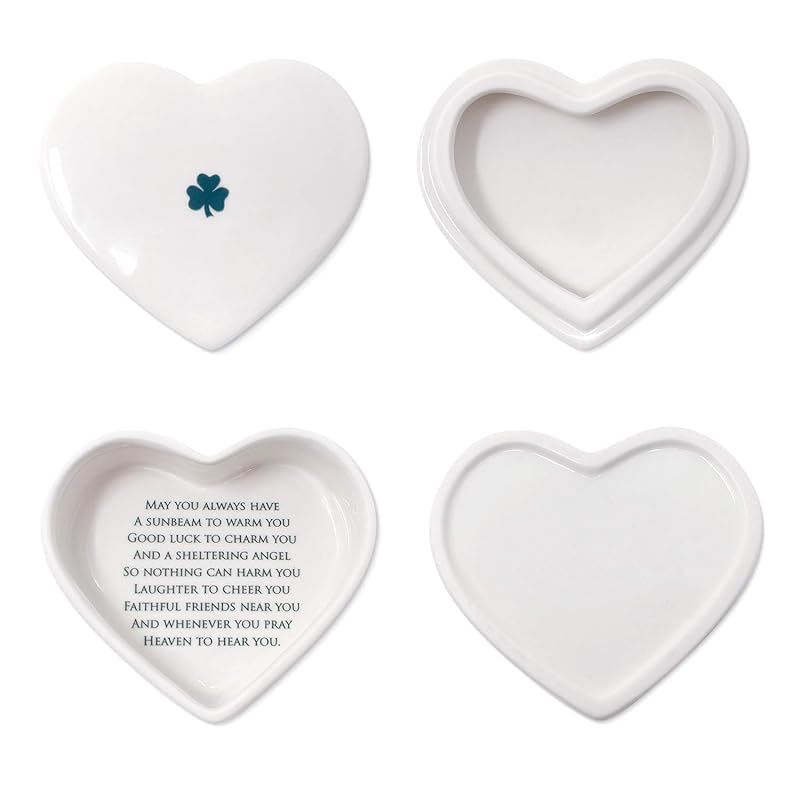 Baptism Gift, First Communion Gift, or Confirmation Gift, Handmade Heart Ceramic Keepsake Box with Irish Blessing and Shamrock in Green-CubbioJoy