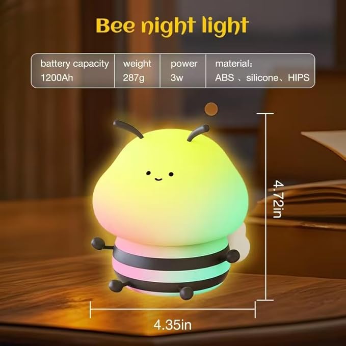 Bee Night Light for Kids,Cute Squishy Silicone Nursery Night Lamp Kawaii Animal Bedside Nightlight with 7 Colors 3 Levels Dimmable Tap Control Rechargeable Nightlights for Kids, Room Decor-CubbioJoy
