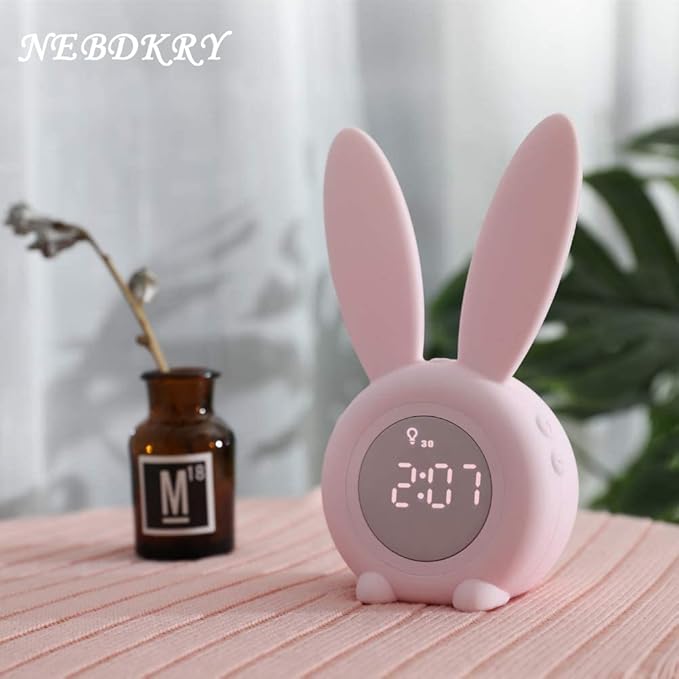 KDtech Kids Alarm Clock with Night Light 6 Ringtones, Cute Pink Bunny Digital Alarm Clock for Kids, Touch Control and Rechargeable Sleep Trainer Clock for Boys Girls Bedroom-CubbioJoy