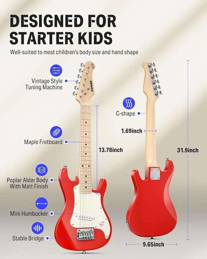 Donner 30 Inch Kids Electric Guitar Beginner Kits ST Style Mini Electric Guitar for Boys Girls with Amp, 600D Bag, Tuner, Picks, Cable, Strap, Extra Strings, DSJ-100, Red-CubbioJoy