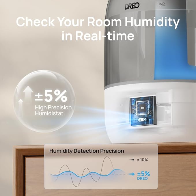 Dreo Humidifiers for Bedroom, Cool Mist Ultrasonic Humidifiers with 30Hr Runtime, Top Fill 3L Tank, Easy Clean, Humidity Sensor, Night Light for Baby, Nursery, 360° Nozzle for Plants and Home, Grey-CubbioJoy