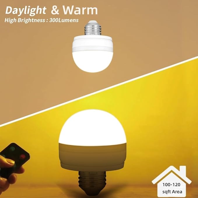 BLUEYE Rechargeable Battery Operated Light Bulb,2Packs,300LM,40W Equivalent,E26 Detachable Charging(E12 available),4 Color Temperature,Remote Control Puck Emergency Lamp,Timer,Dimmer,For Non-Hardwired-CubbioJoy