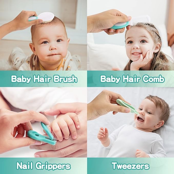 Baby Grooming Kit, Electric Safety Nail Trimmer Baby Nursery Kit，Infant Safety Care Set with Hair Brush Comb Nail Clipper Nasal Aspirator,Baby Essentials Kit for Newborn Girls Boys (20 Pc Green Kit)-CubbioJoy