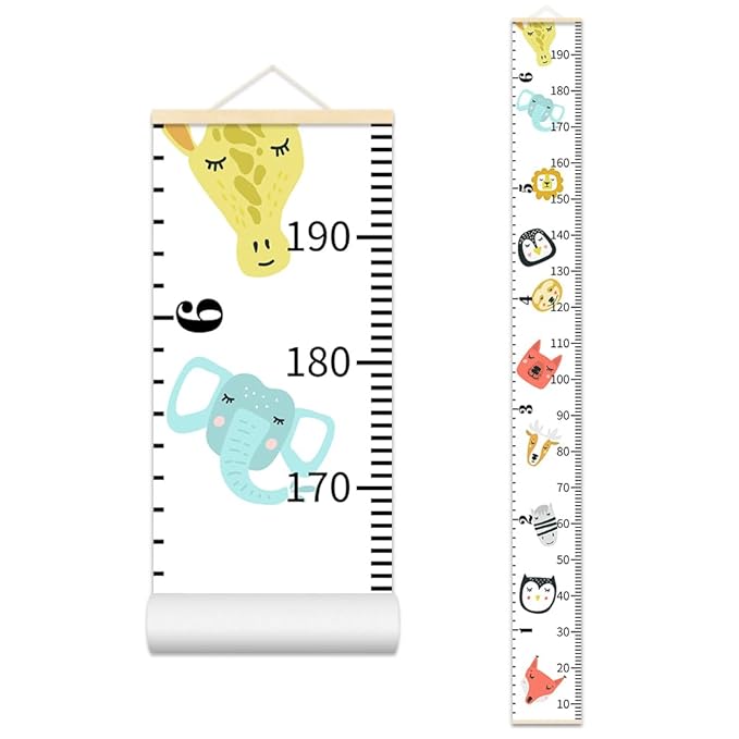 Cute Animals Growth Chart for Kids Baby Height Chart Ruler Removable Canvas Wooden Frame Hanging Wall Rulers Measurement Charts for Toddler Room Nursery Decor - 79"X7.9" with Beige Wood-CubbioJoy