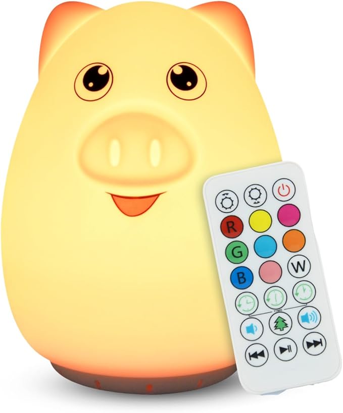 Combined Bluetooth Speaker & Nightlight With 9 Color Emissions, Child Friendly Silicone & BPA Free, USB Recharging, Receives Audio From Computer, Phone Or Tablet, and includes Remote Control (Pig)-CubbioJoy