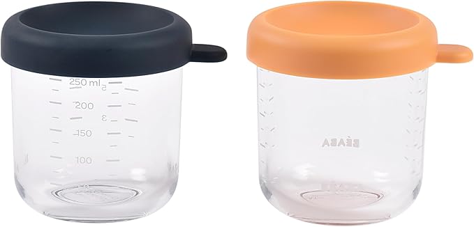 BEABA 2 Pack Glass Baby Food Jars with Soft Silicone Air Tight Lids, 8 oz Glass Storage Containers with Lids, Microwave and Freezer Safe Containers, Midnight-CubbioJoy