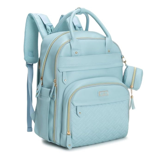 BabbleRoo Leather Diaper Bag Backpack - Baby Essentials Travel Baby Bag, Multi function, Waterproof, with Changing Pad, Stroller Straps & Pacifier Case – Unisex, Powder Blue-CubbioJoy