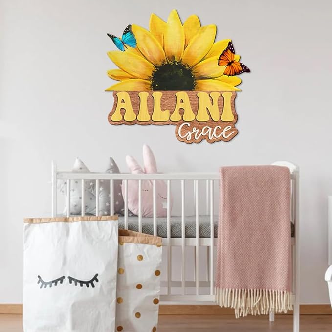 Custom Wooden Sunflower Nursery Name Sign for Girls, Boho Nursery Wood 2 Layer, Baby Name Sign, Baby Shower, Decor Floral, Flower gift/17-CubbioJoy