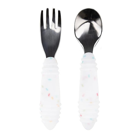 Bumkins Toddler Utensils, Kids Size Fork and Spoon Set, Silicone and Stainless-Steel Training Silverware, Angled Forks/Sporks Feeding, Children Hold Learning to Eat, 18 Mos Up, Vanilla Sprinkles-CubbioJoy