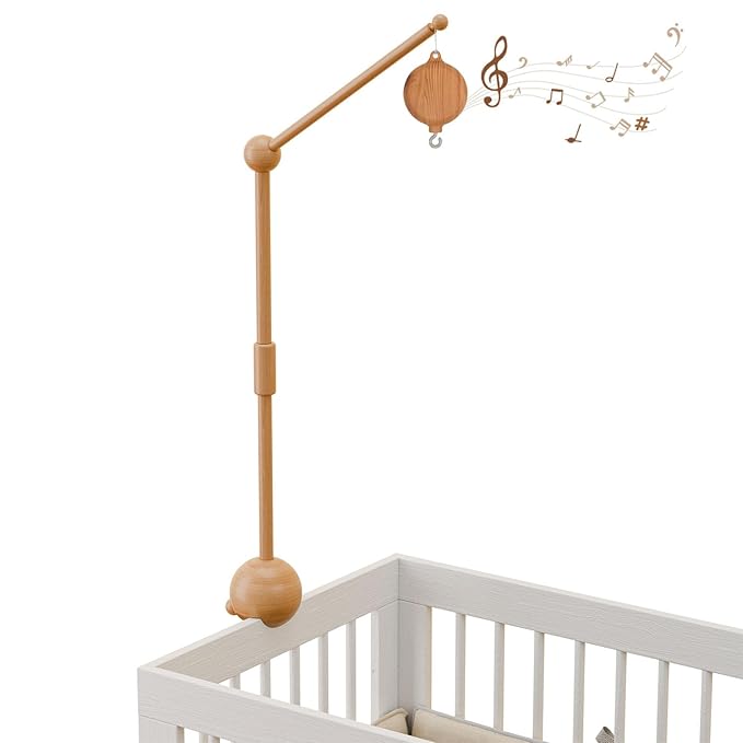 Crib Mobile Arm with Music Box,32.5 Inch Crib Mobile Stand,Wooden Mobile Arm for Crib (2 Modes,360°Adjustable,100% Beech Wood) Baby Crib Mobile for Boy and Girl-CubbioJoy