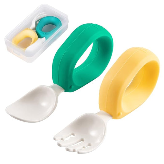 Baby Self Feeding Training Spoon and Fork Set with Travel Case, BPA-Free Cute Circle Toddler Training Utensils, Silicone/ABS Great Tableware Set Spoons Fork for Kids(Deep Green & Light Yellow)-CubbioJoy